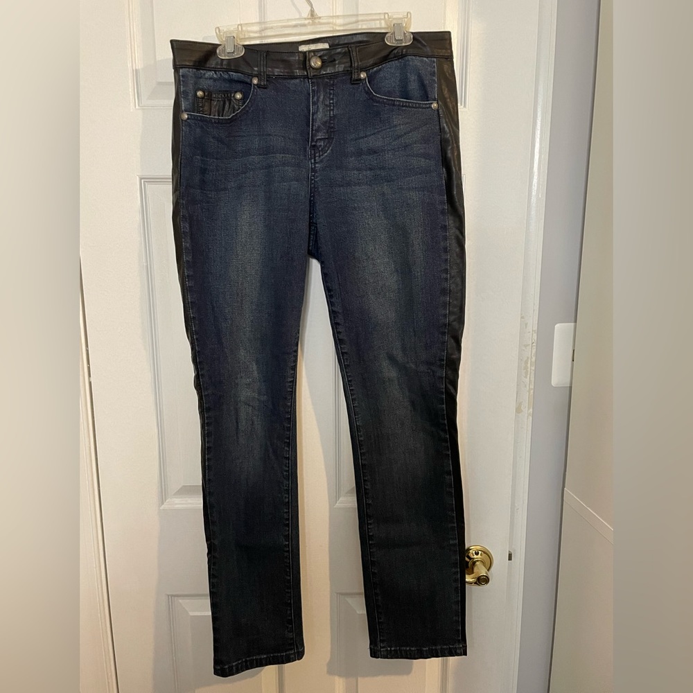 Tuxedo leather stripe straight leg jean. Size 14